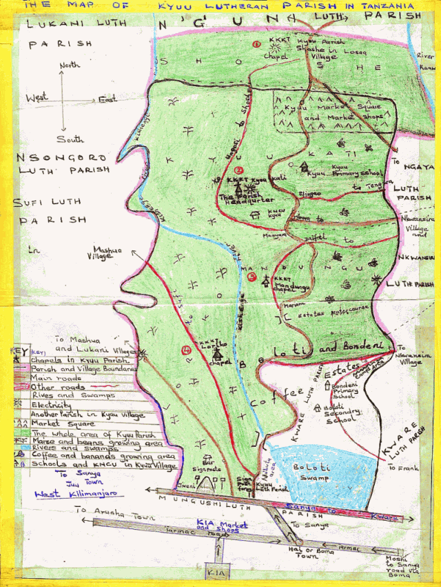 The map of Kyuu Lutheran parish in Tanzania