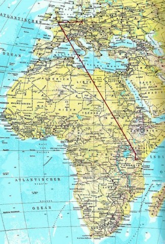 Die Reiseroute: Königswartha-Berlin-London-Nairobi-Arusha-Kyuu